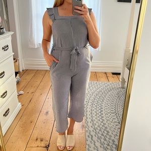 3/$30 Medium Vintage Nautical Blue Stripe Jumpsuit Belted Waist Flutter Sleeves